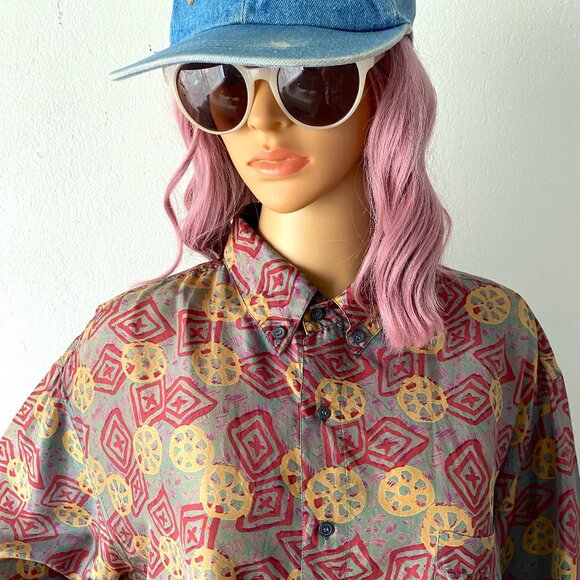 Vintage Silk Button Down Oversized Shirt Streetwear Bohemian Blouse Artsy Top L - Picture 7 of 10